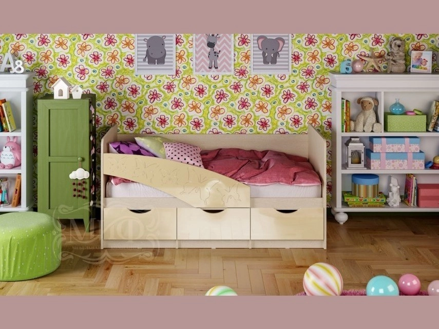 Детская кровать Бабочки 80х180, ваниль - фото №1