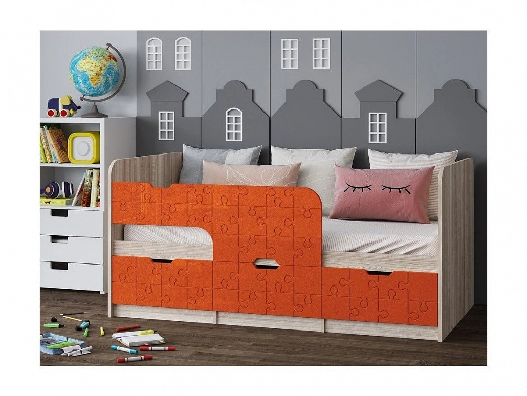 Детская кровать Юниор-9, 80х180 (Апельсин металлик, Ясень шимо светлый) - фото №1