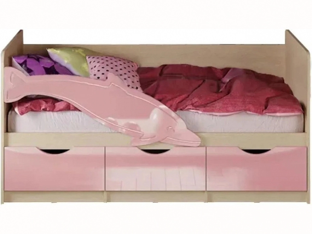 Детская кровать Дельфин-1 МДФ 80х160 (Розовый металлик, Крафт белый) - фото №1