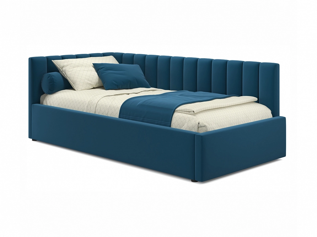 Мягкая кровать Milena 900 синяя с подъемным механизмом и матрасом PROMO B COCOS - фото №1