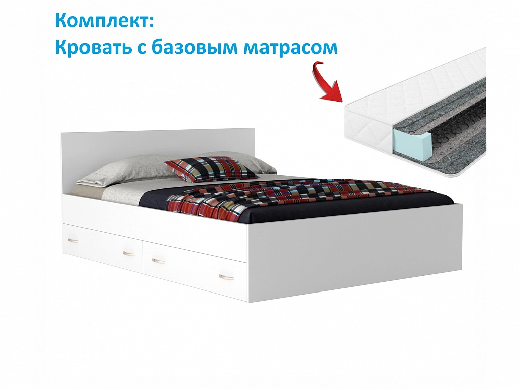 Двуспальная белая кровать "Виктория" 1600 с выдвижными ящиками с матрасом - фото №1
