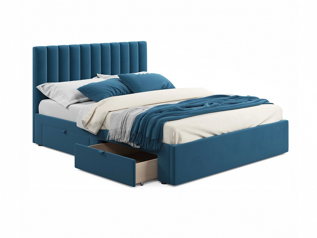 Мягкая кровать Olivia 1600 синяя с ящиками - фото №1