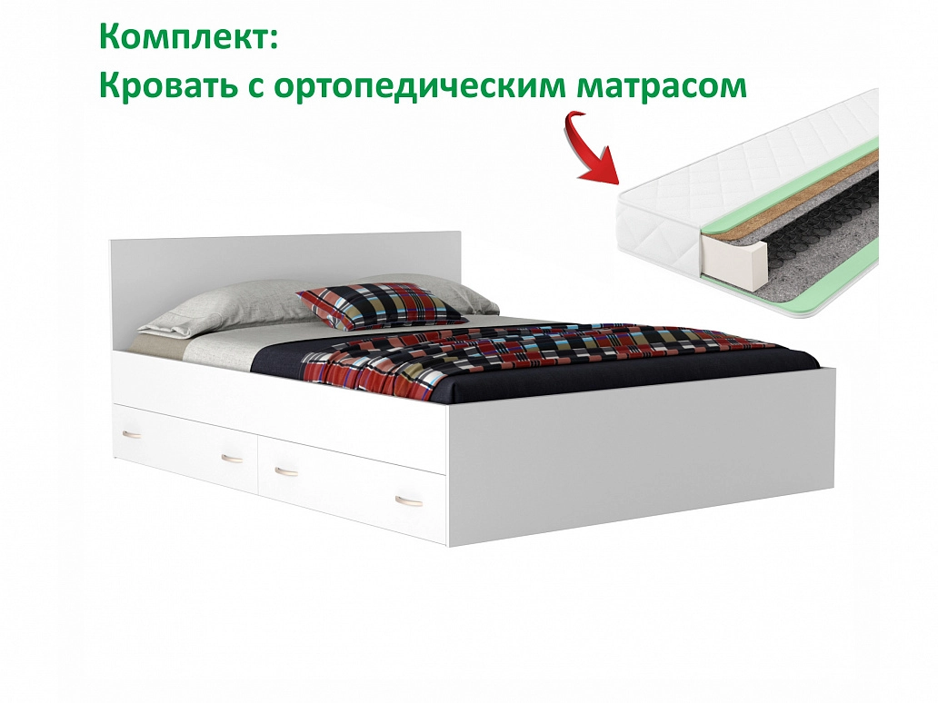 Двуспальная белая кровать "Виктория" 1600 с выдвижными ящиками с ортопедическим матрасом - фото №1