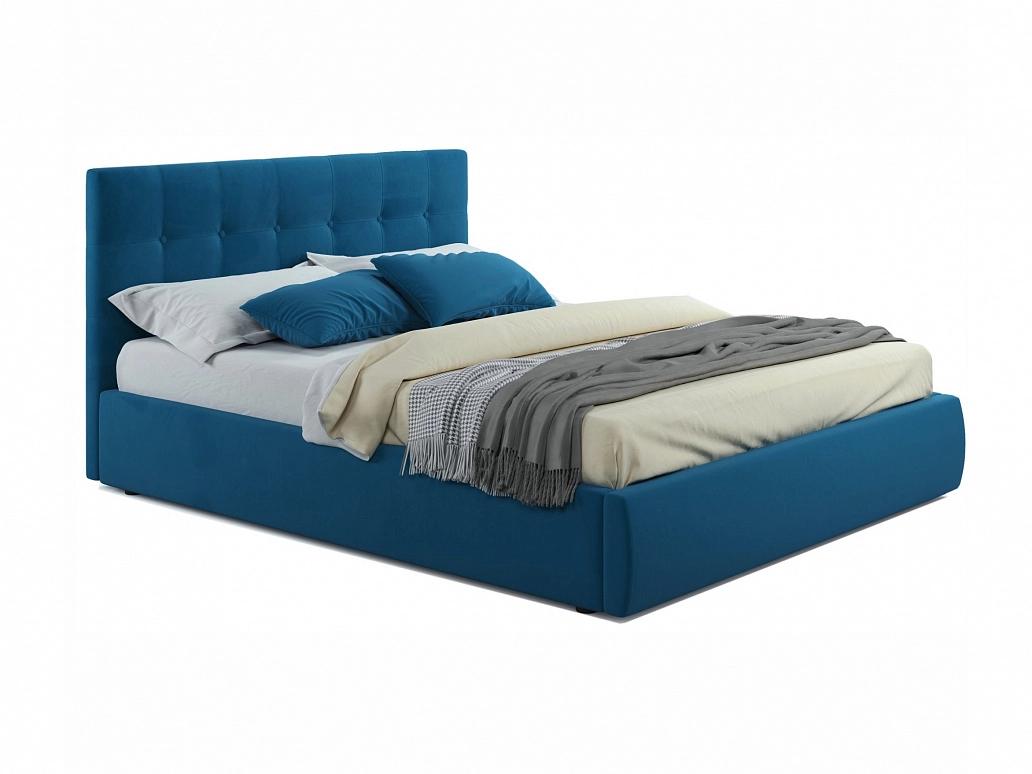 Мягкая кровать "Selesta" 1600 синяя с матрасом ГОСТ с подъемным механизмом - фото №1