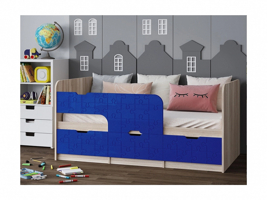 Детская кровать Юниор-9, 80х180 (Темно-синий металлик, Ясень шимо светлый) - фото №1