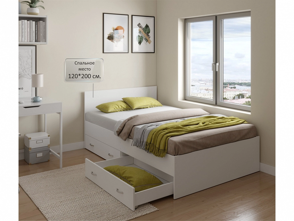 Полутороспальная белая кровать "Виктория" 1200 с выдвижными ящиками с матрасом - фото №1