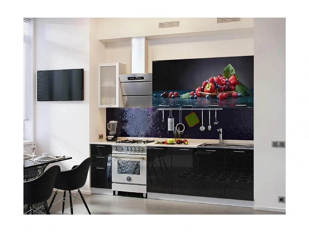 Кухня МДФ 2000 с фотопечатью Ягоды (Черный металлик, Белый) - фото №1