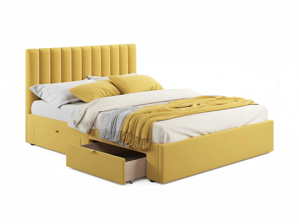 Мягкая кровать Olivia 1600 желтая с ящиками - фото №1