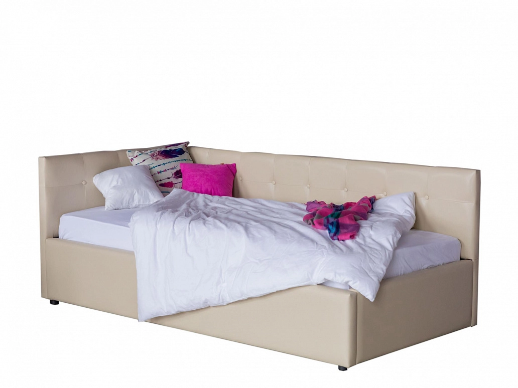 Односпальная кровать-тахта Bonna 900 беж кожа с подъемным механизмом и матрасом АСТРА - фото №1