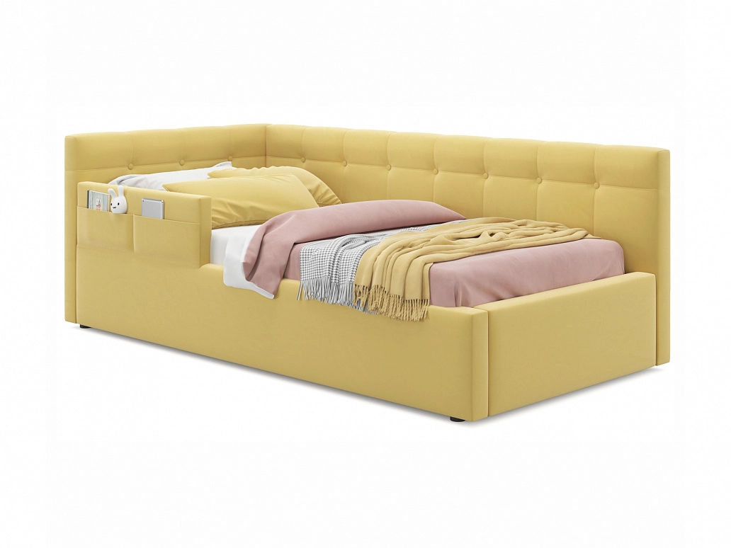 Односпальная кровать-тахта Bonna 900 с защитным бортиком желтая и подъемным механизмом - фото №1