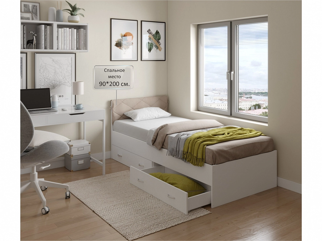 Односпальная кровать "Виктория-П" 900 с подушкой и ящиками белая с матрасом ГОСТ - фото №1