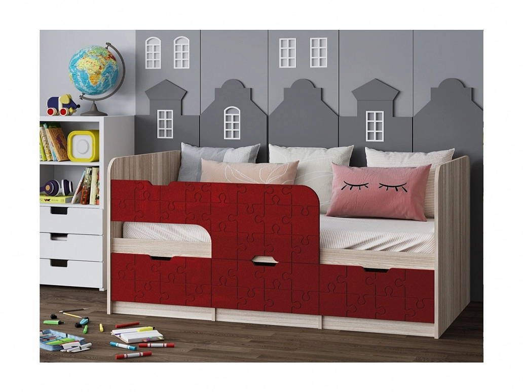 Детская кровать Юниор-9, 80х180 (Красный металлик, Ясень шимо светлый) - фото №1