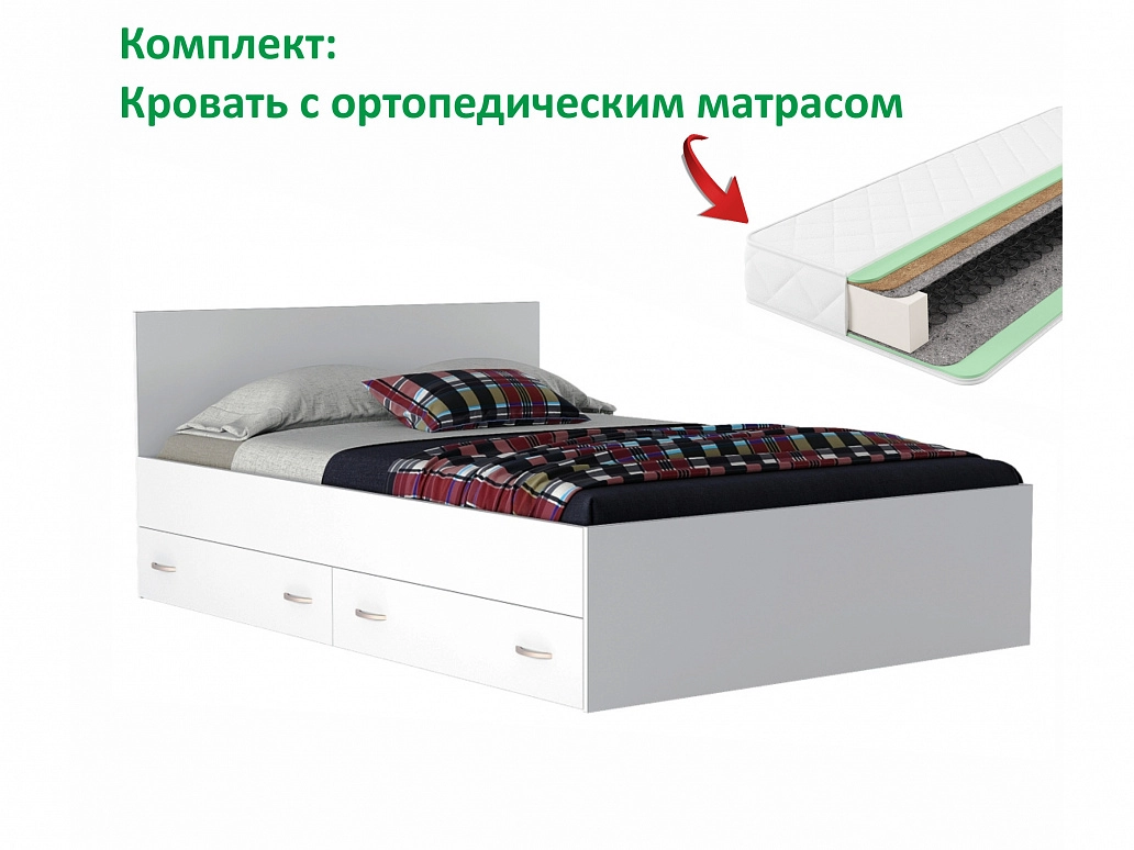 Кровать "Виктория" 1400 с ящиками белая с матрасом Promo B Cocos - фото №1
